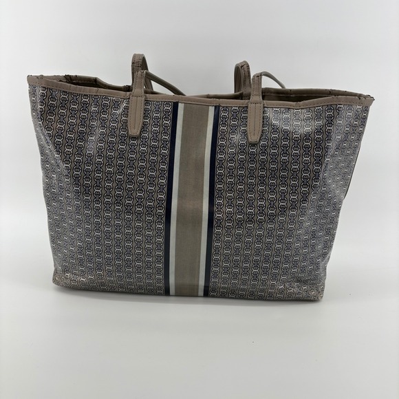 Tory Burch Gemini Link Canvas Tote French Gray Navy Stripe Large Shopper AS IS - Picture 3 of 16